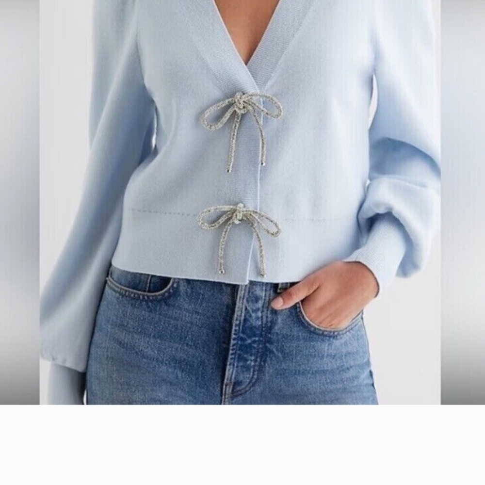 Express Light Blue V-Neck Sweater with Metallic Tie Closures